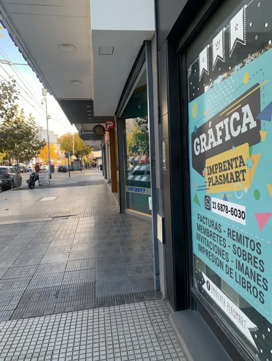 Vidriera de Imprenta Plasmart en el barrio