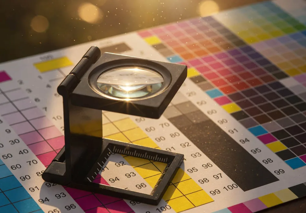 Un cuentahilos de impresor apoyado sobre una cartilla de control de color CMYK