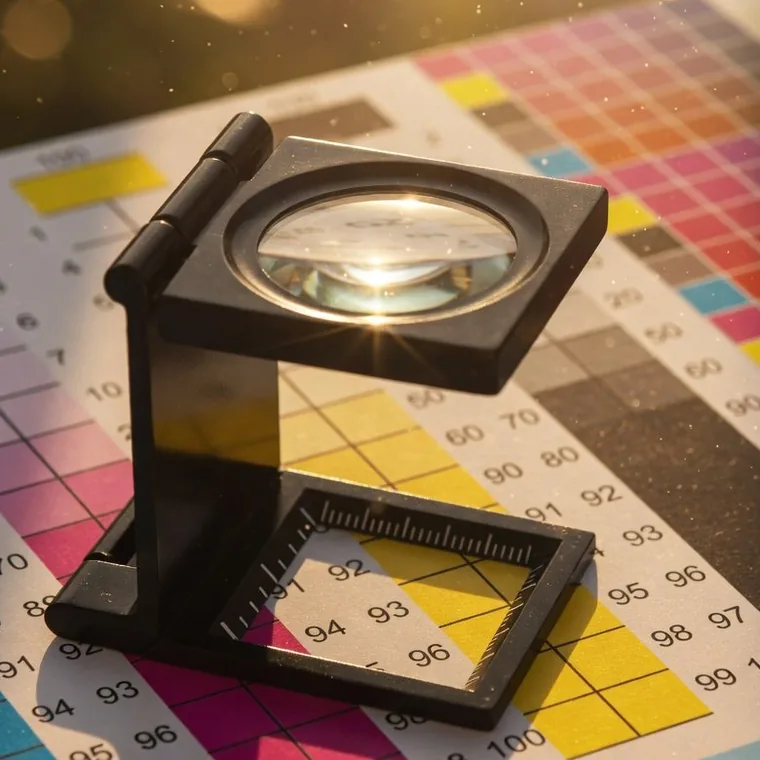 Un cuentahilos de impresor apoyado sobre una cartilla de control de color CMYK